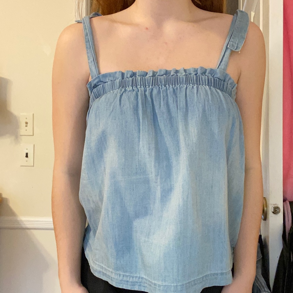 Denim tank top with tied adjustable straps